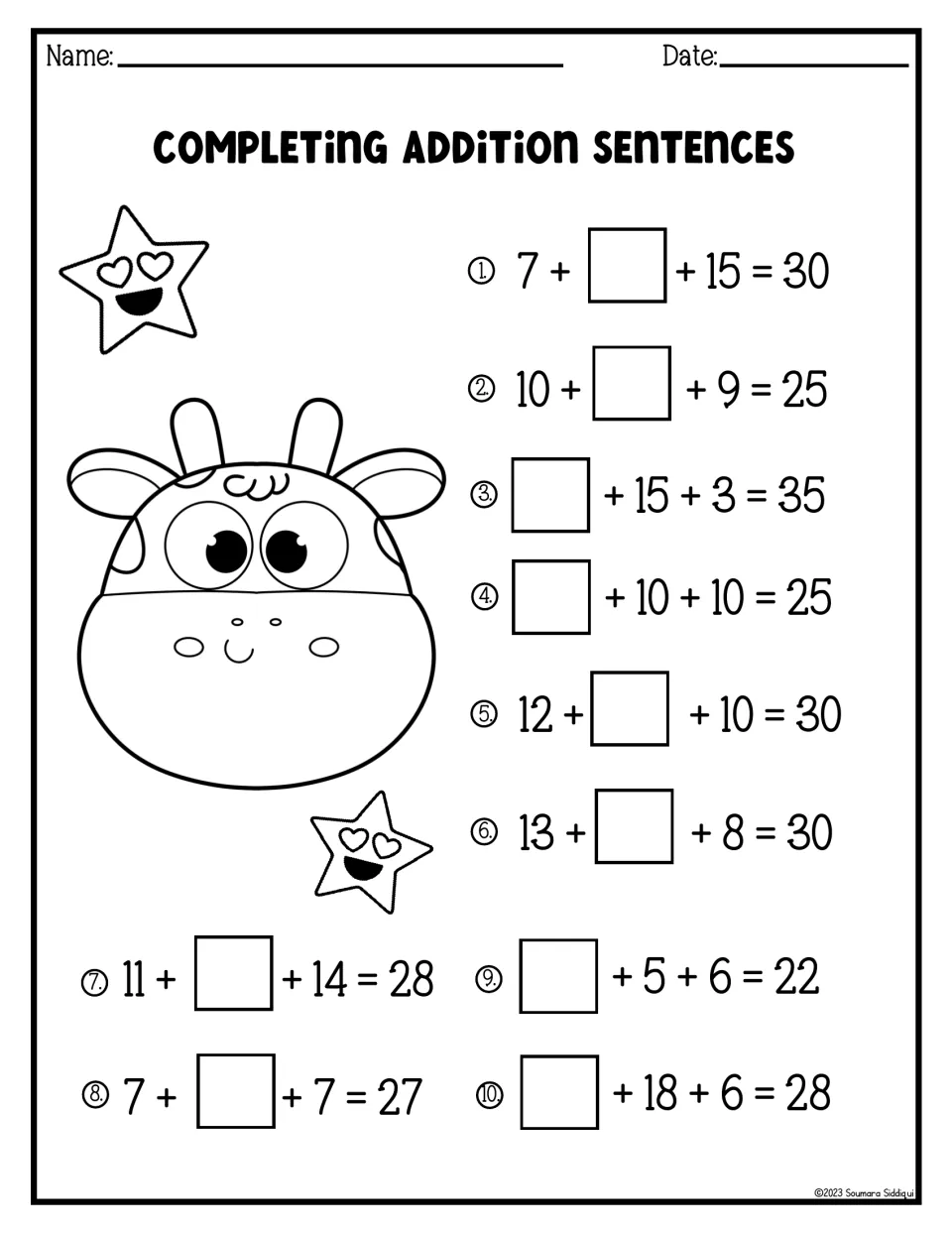 Completing addition sentences: students find the missing addend in 10 three-number equations, such as 7 + ? + 15 = 30