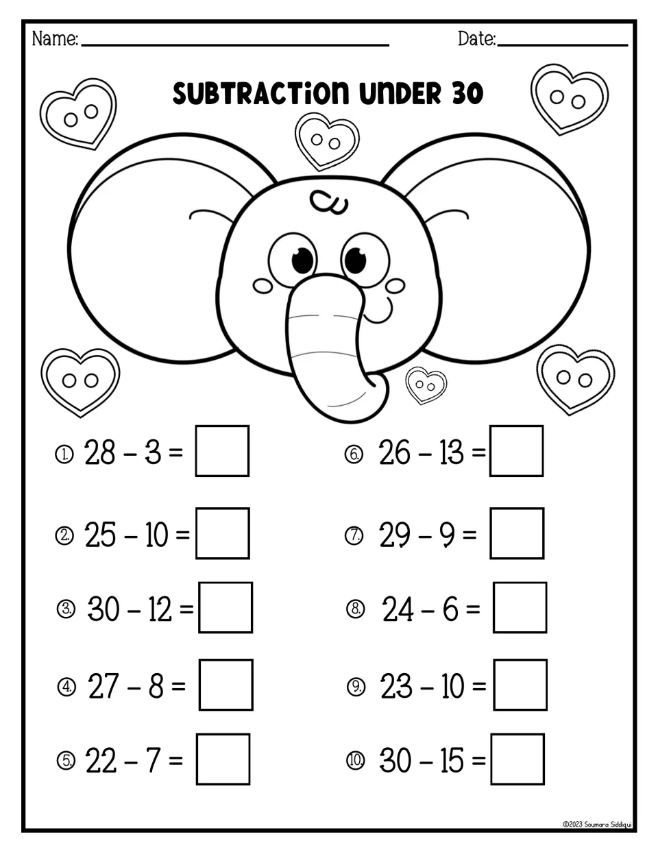 Subtraction under 30: students solve 10 horizontal problems such as 28 - 3, 30 - 12 and 30 - 15, below an elephant
