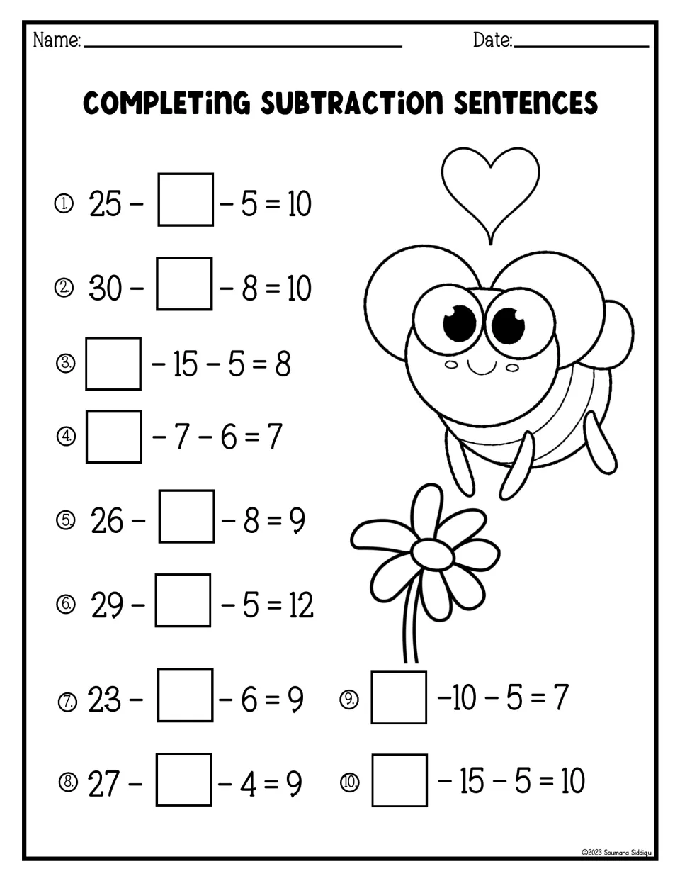 Completing subtraction sentences: students find the missing number in 10 two-step equations, such as 25 - ? - 5 = 10
