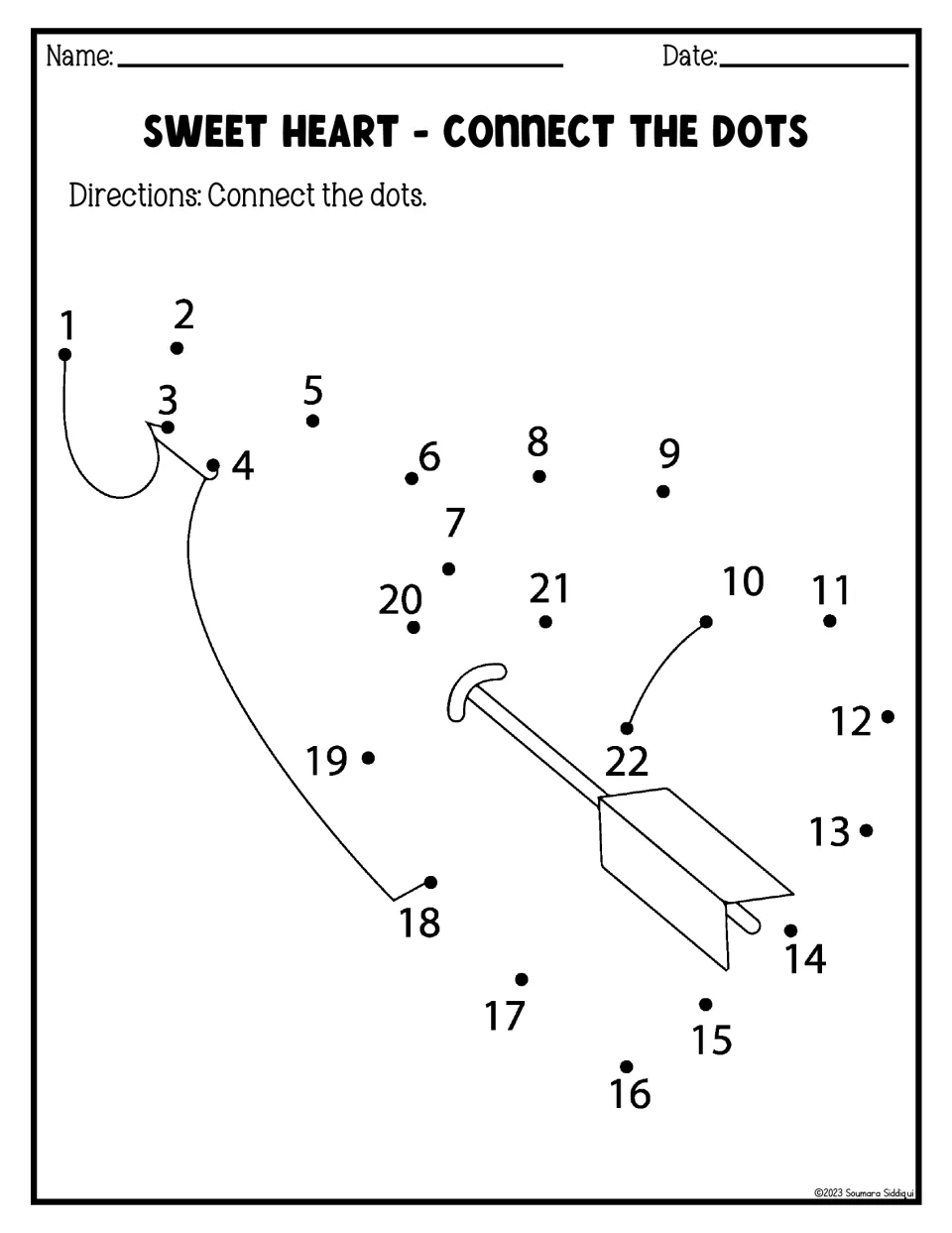 Sweet Heart connect the dots: students join dots 1 to 22 in number order to draw a heart pierced by an arrow