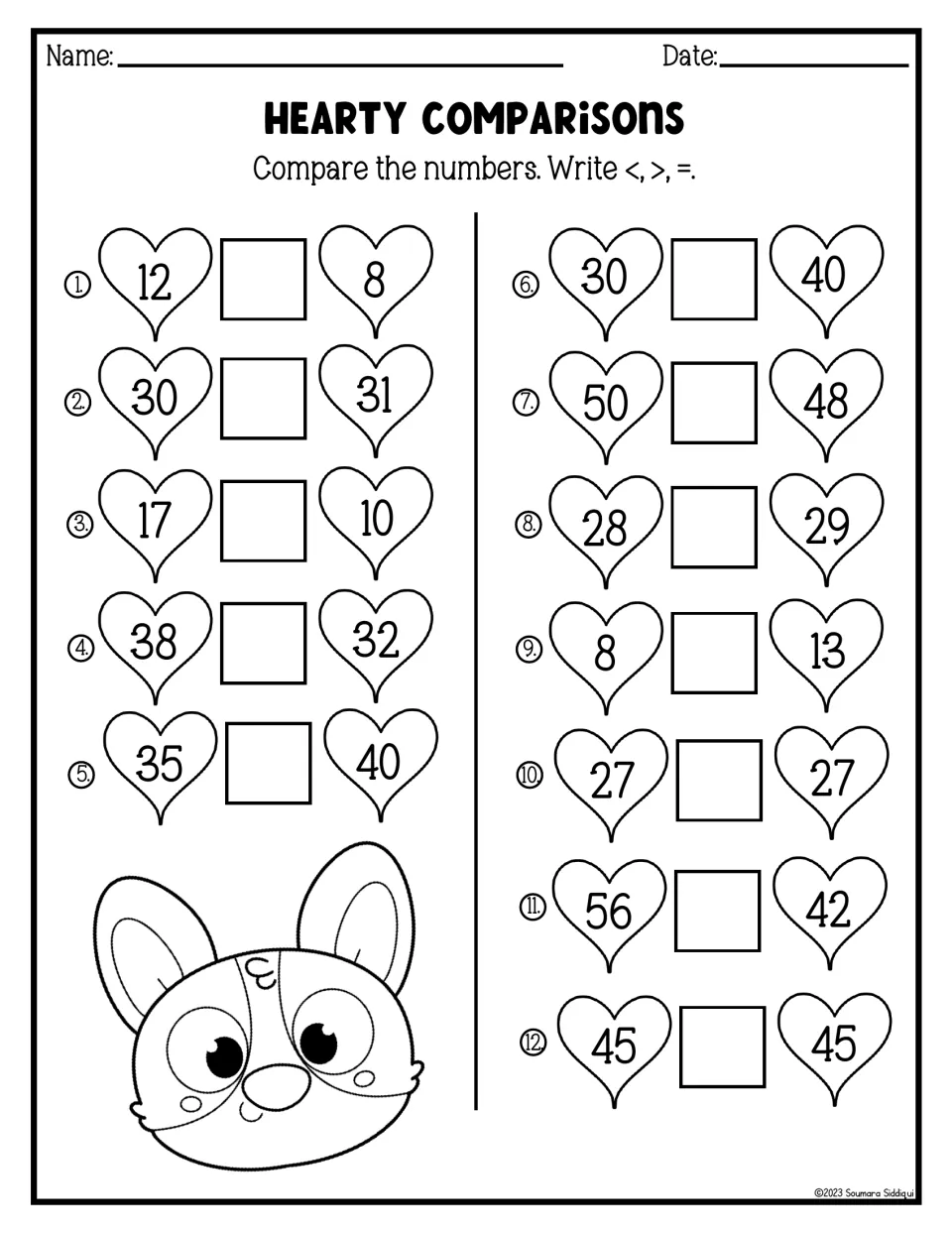 Hearty comparisons: students write <, > or = between 12 pairs of numbers in hearts, such as 12 and 8 or 50 and 48