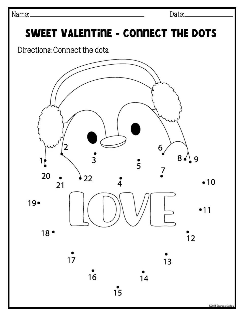 Sweet Valentine connect the dots: students join dots 1 to 22 to draw a heart around a penguin and the word LOVE