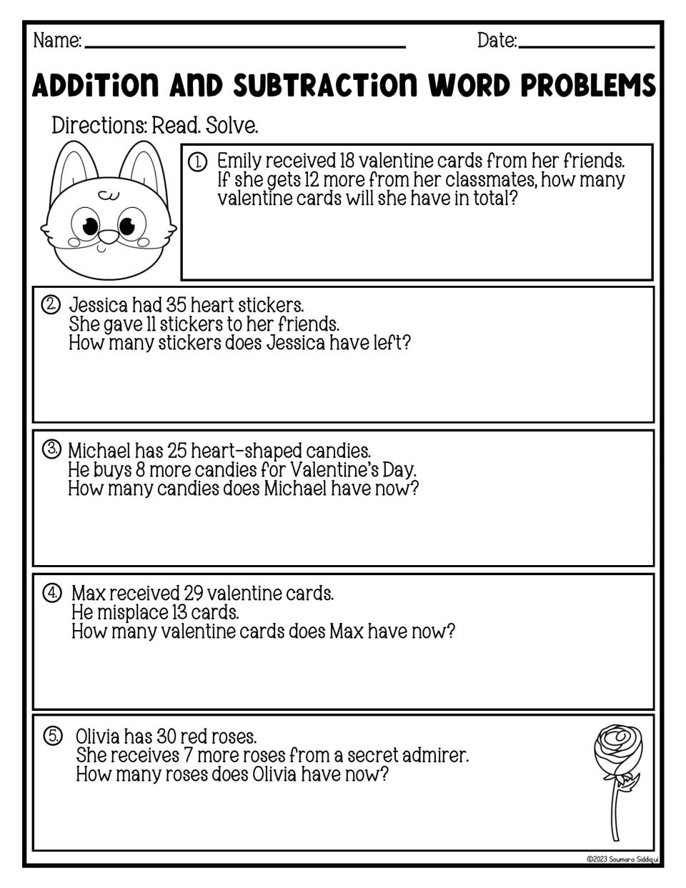 Addition and subtraction word problems: students solve 5 Valentine stories about cards, heart stickers, candies and roses