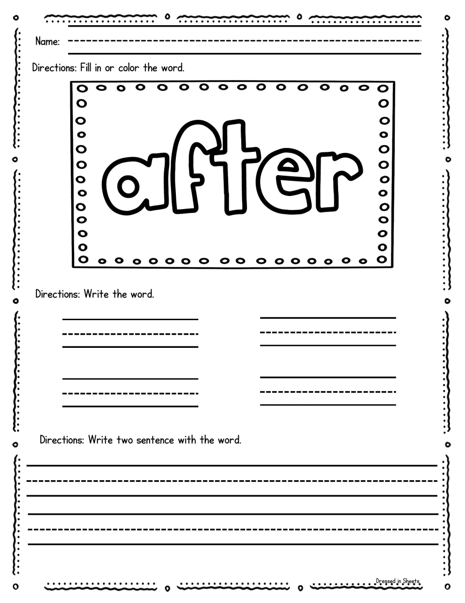 Sight word after: students color the bubble-letter word, write it four times, then write two sentences using it