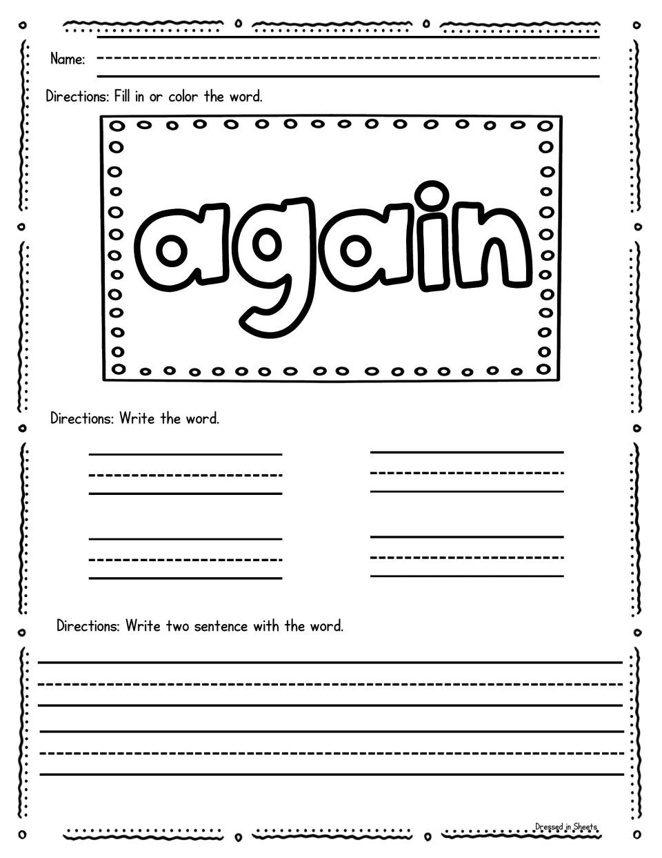 Sight word again: children fill in the outlined letters, copy the word four times and use it in two sentences