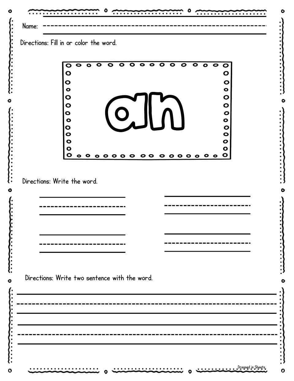 Sight word an: color the bubble letters, practise writing an four times, then compose two sentences that include it