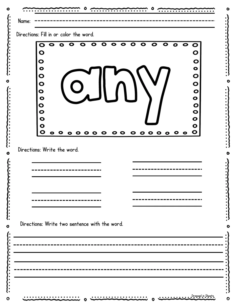 Sight word any: students color the outlined word, print it four times and add two sentences of their own with it