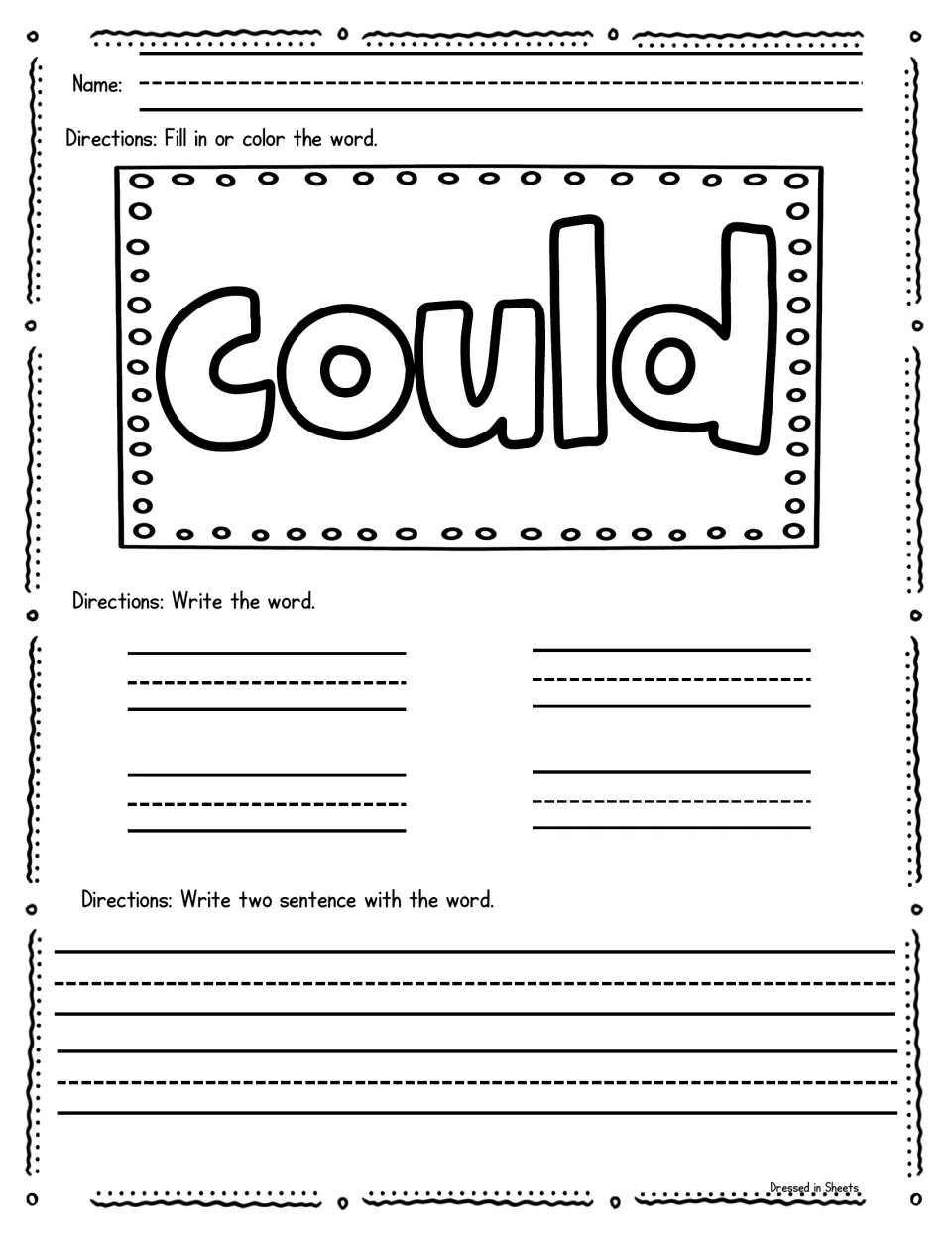 Sight word could: students color the large outlined word, write could four times and compose two sentences with it