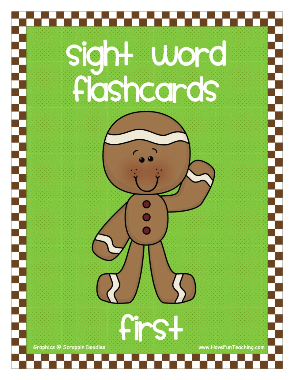 Cover: Sight Word Flashcards, First, with a waving gingerbread man on green; a set of first grade sight word cards