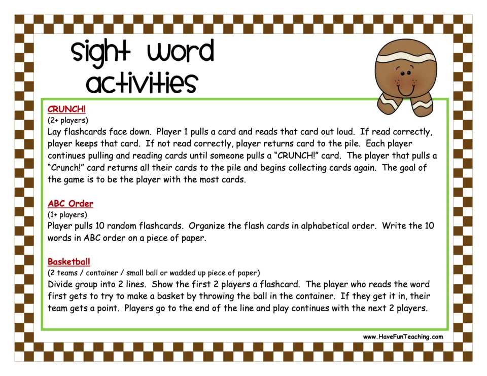 Sight word activities: rules for three card games, CRUNCH!, ABC Order and Basketball, with player counts and materials