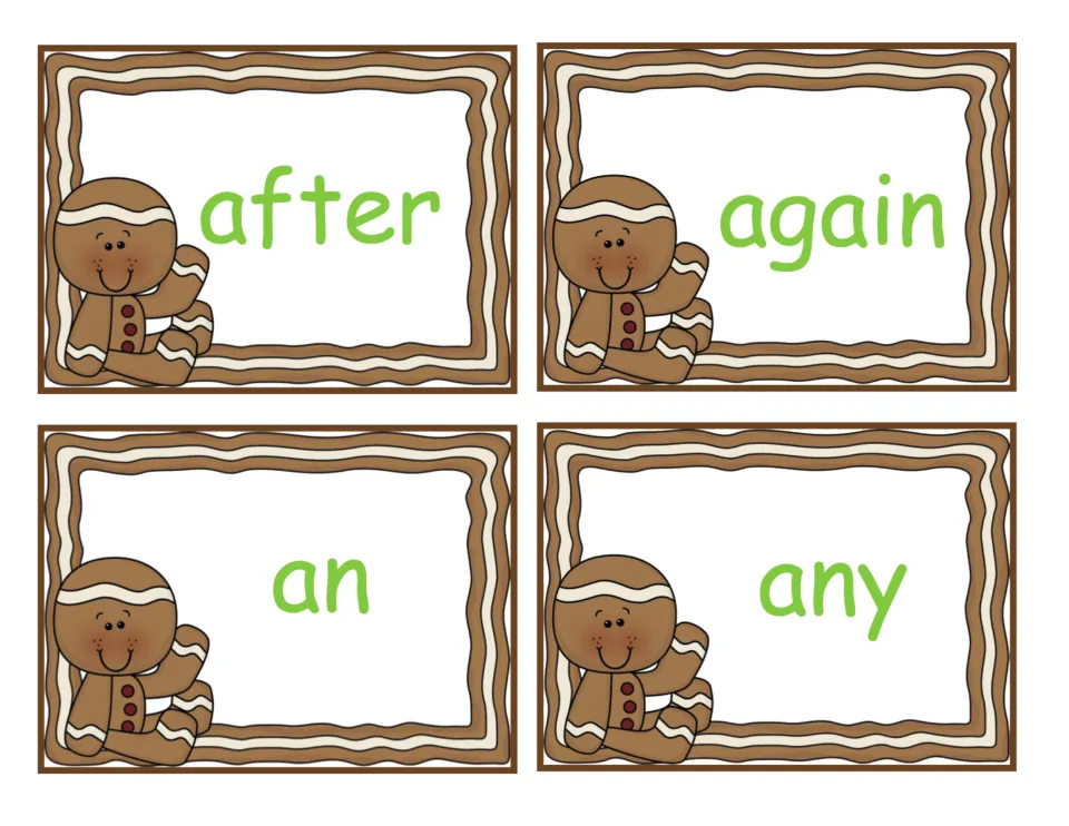 Gingerbread flash cards for the sight words after, again, an and any; students read each word aloud for word recognition