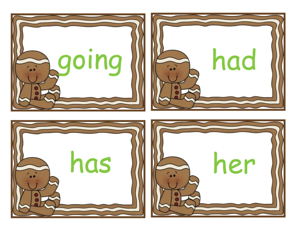 Gingerbread flash cards for the sight words going, had, has and her; students read each word without sounding it out