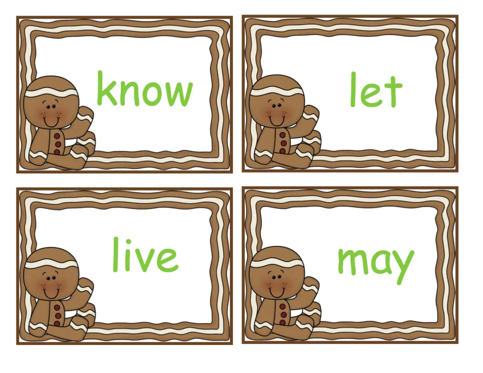 Gingerbread flash cards for the sight words know, let, live and may; students read each card aloud as quick review