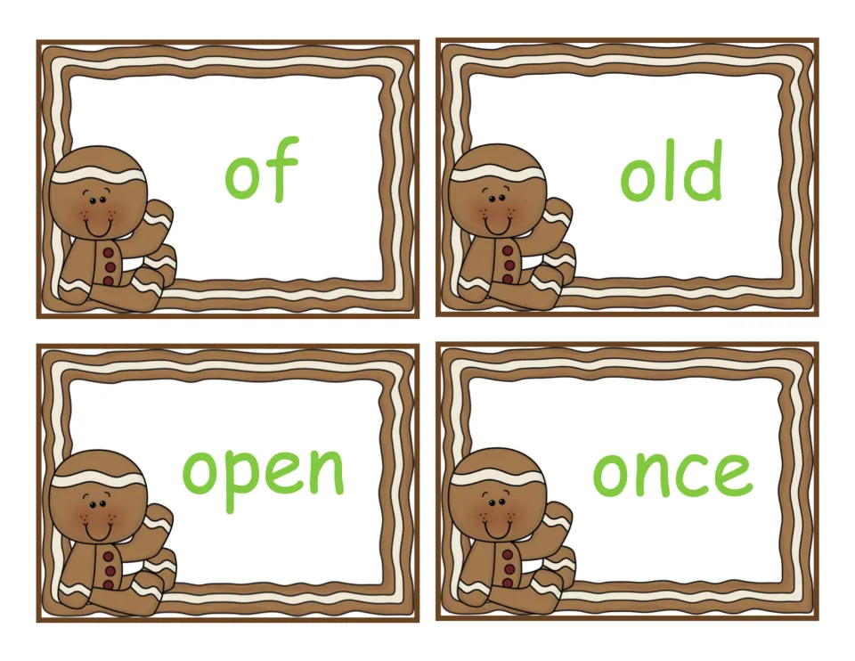 Gingerbread flash cards for the sight words of, old, open and once; students name each word on sight as cards are flipped