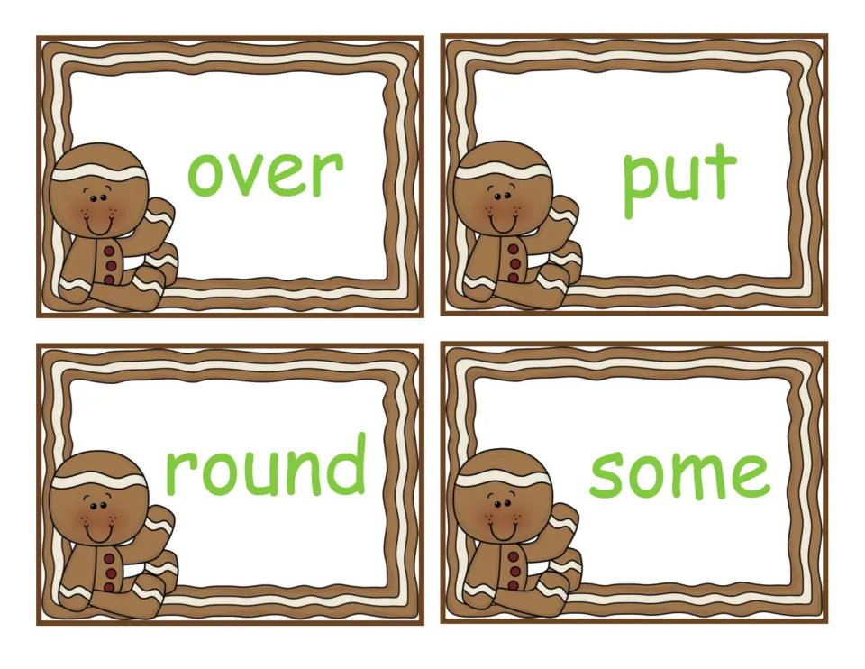 Gingerbread flash cards for the sight words over, put, round and some; students read each word to review the full card set