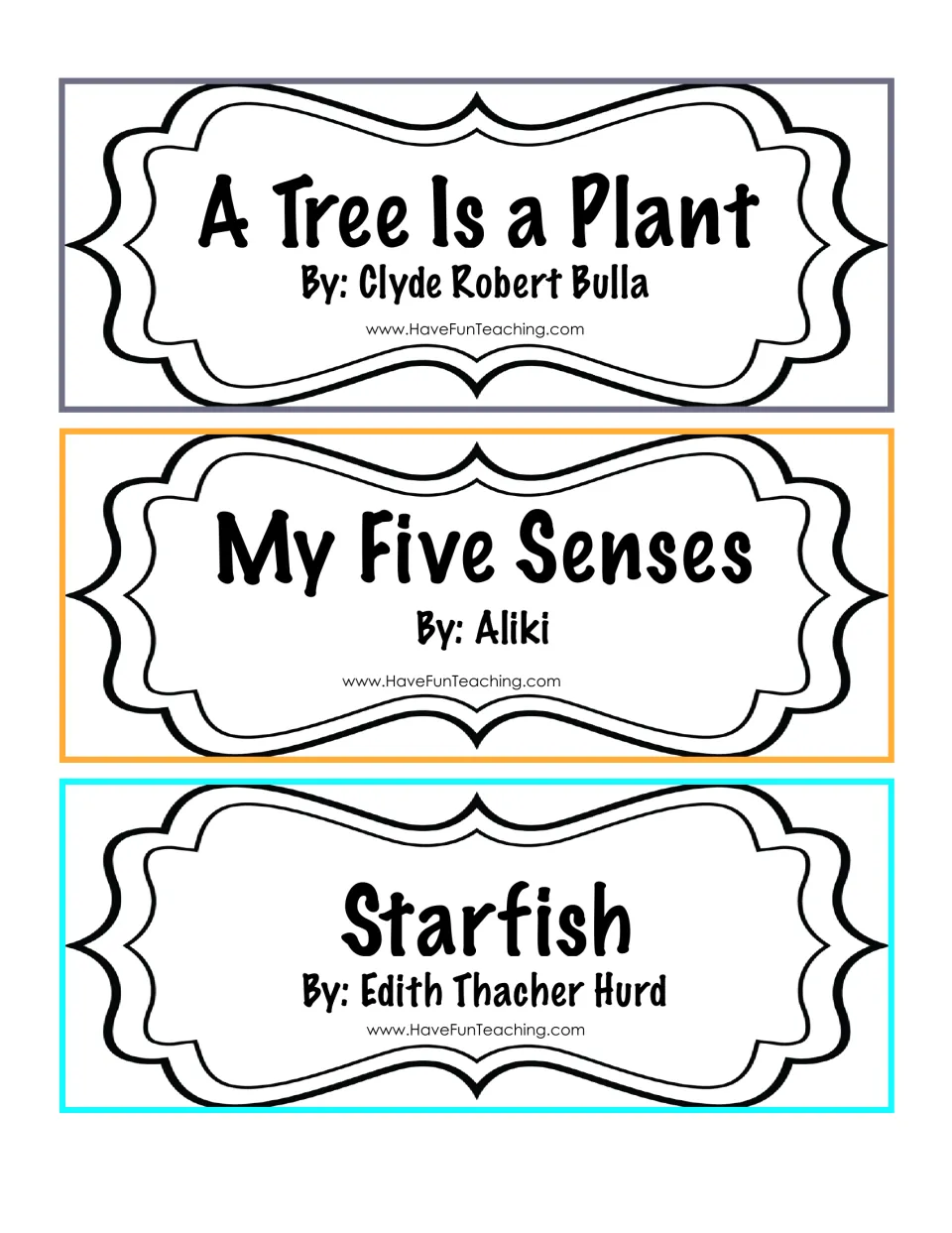 Book-selection cards 1–3: A Tree Is a Plant by Clyde Robert Bulla, My Five Senses by Aliki, and Starfish