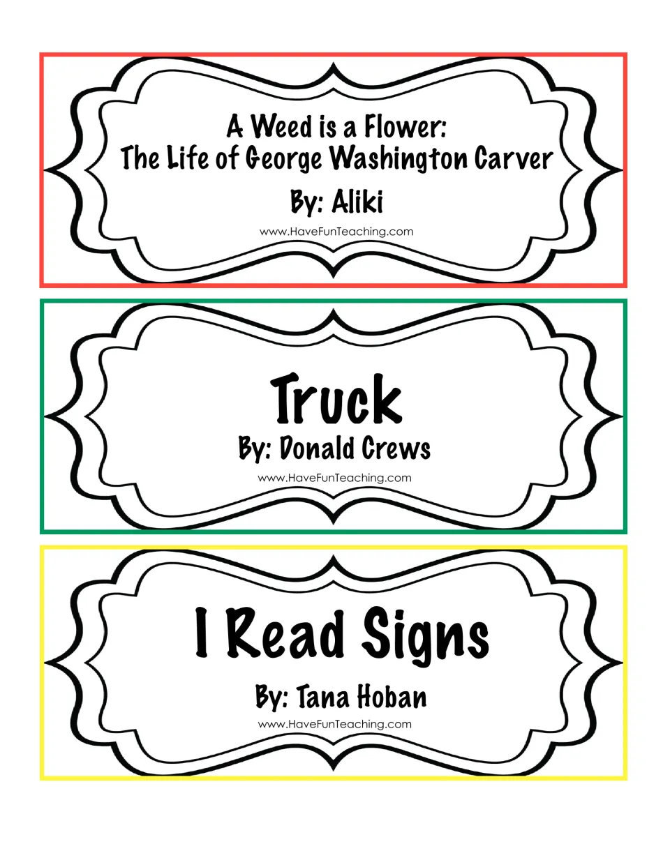 Book-selection cards 4–6: A Weed is a Flower about George Washington Carver, Truck, and I Read Signs