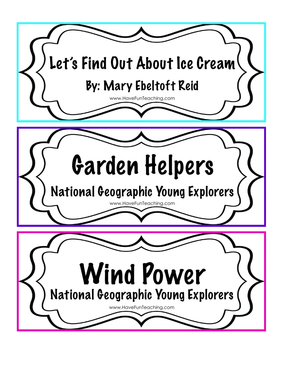 Book-selection cards 7–9: Let’s Find Out About Ice Cream, Garden Helpers, and Wind Power