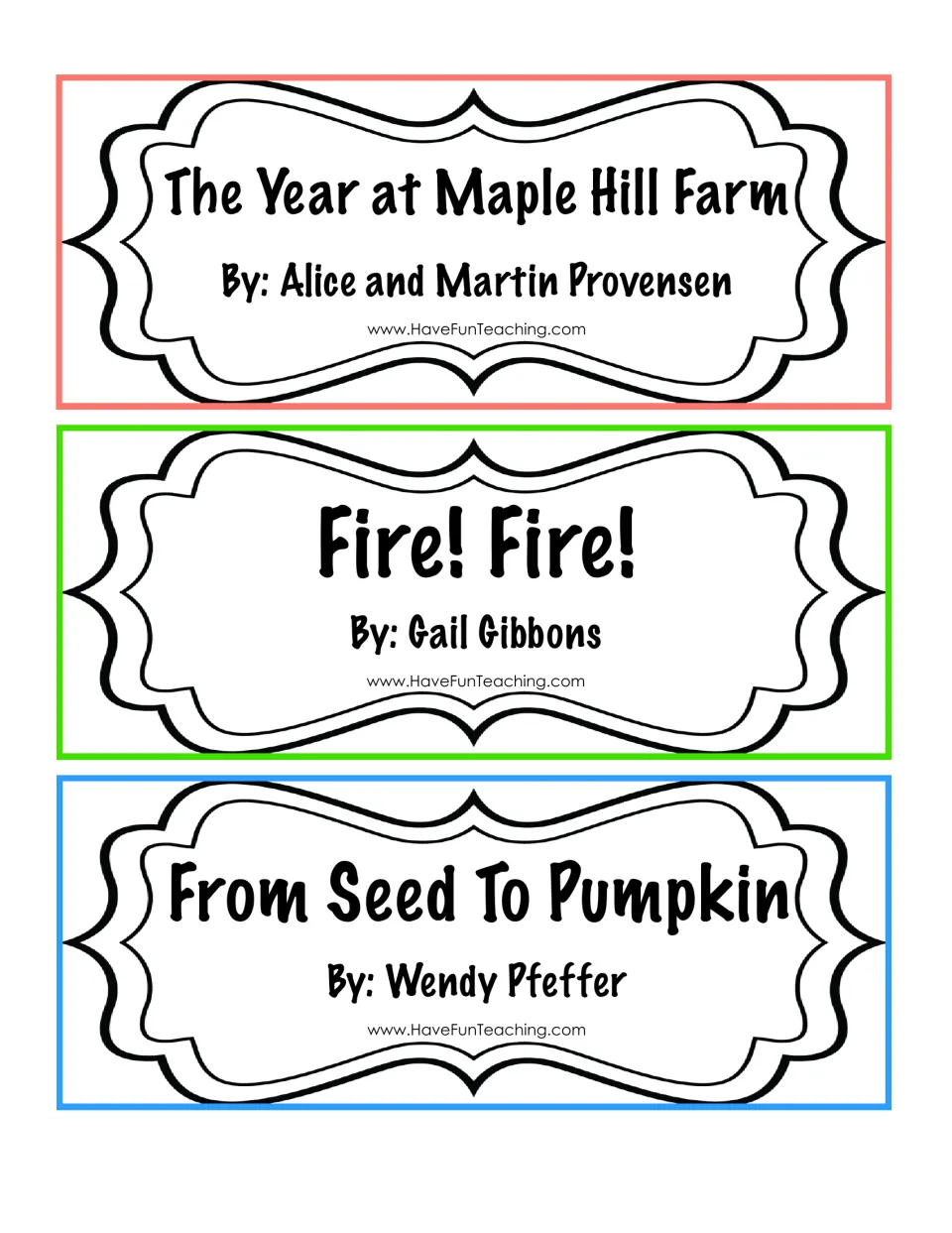 Book-selection cards 10–12: The Year at Maple Hill Farm, Fire! Fire!, and From Seed To Pumpkin