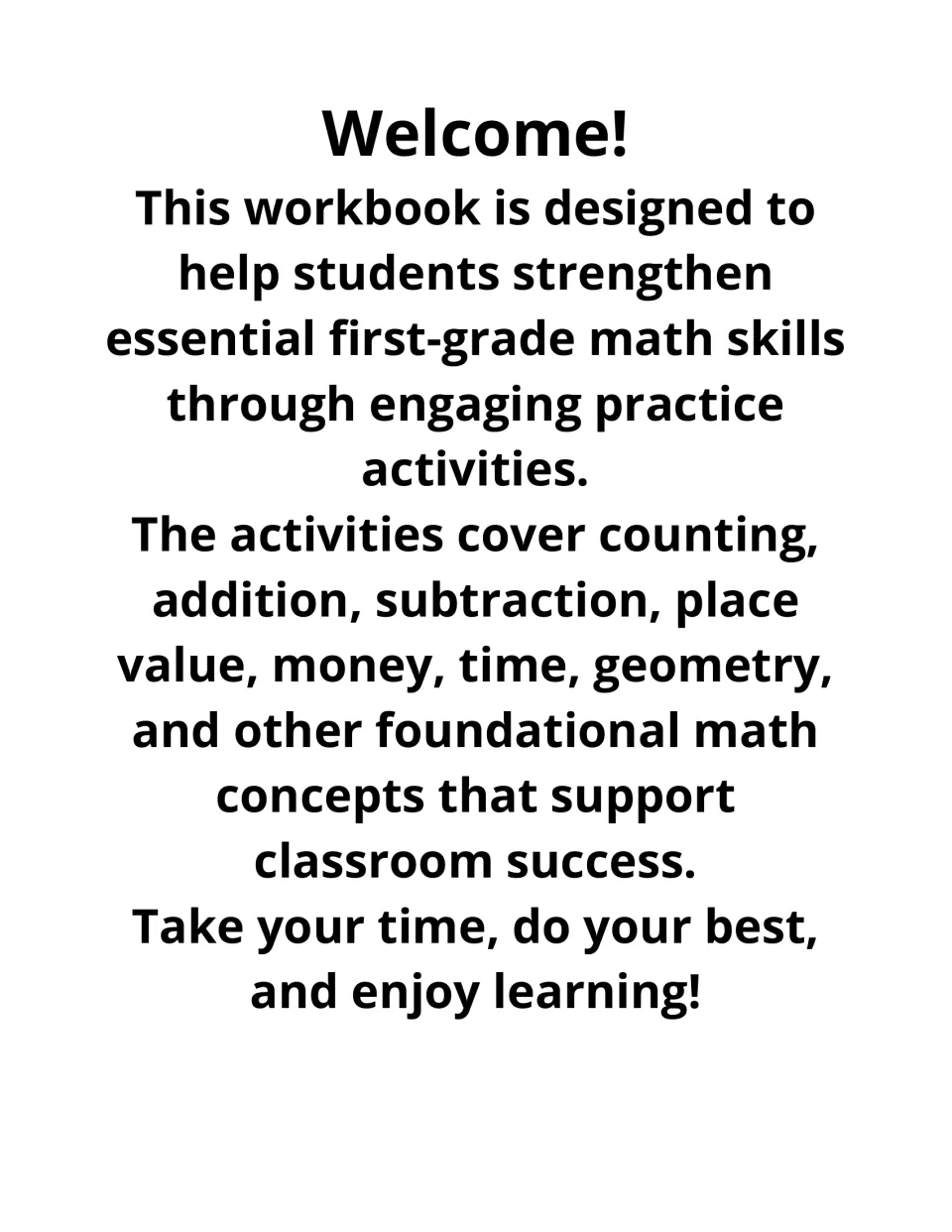 Welcome note: introduces the workbook's practice in counting, addition, subtraction, place value, money, time and geometry
