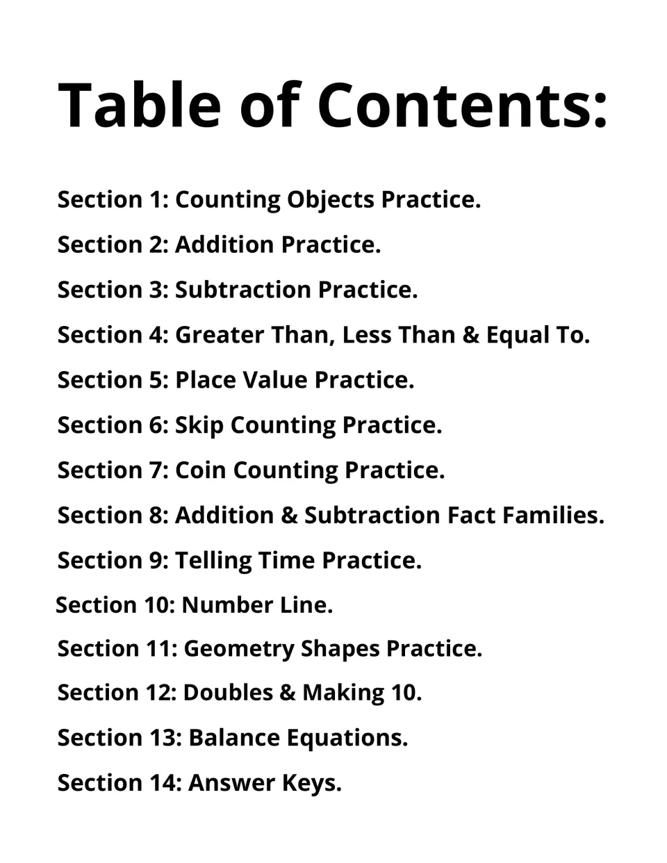 Table of contents listing 14 sections, from counting objects and addition to fact families, time, shapes and answer keys