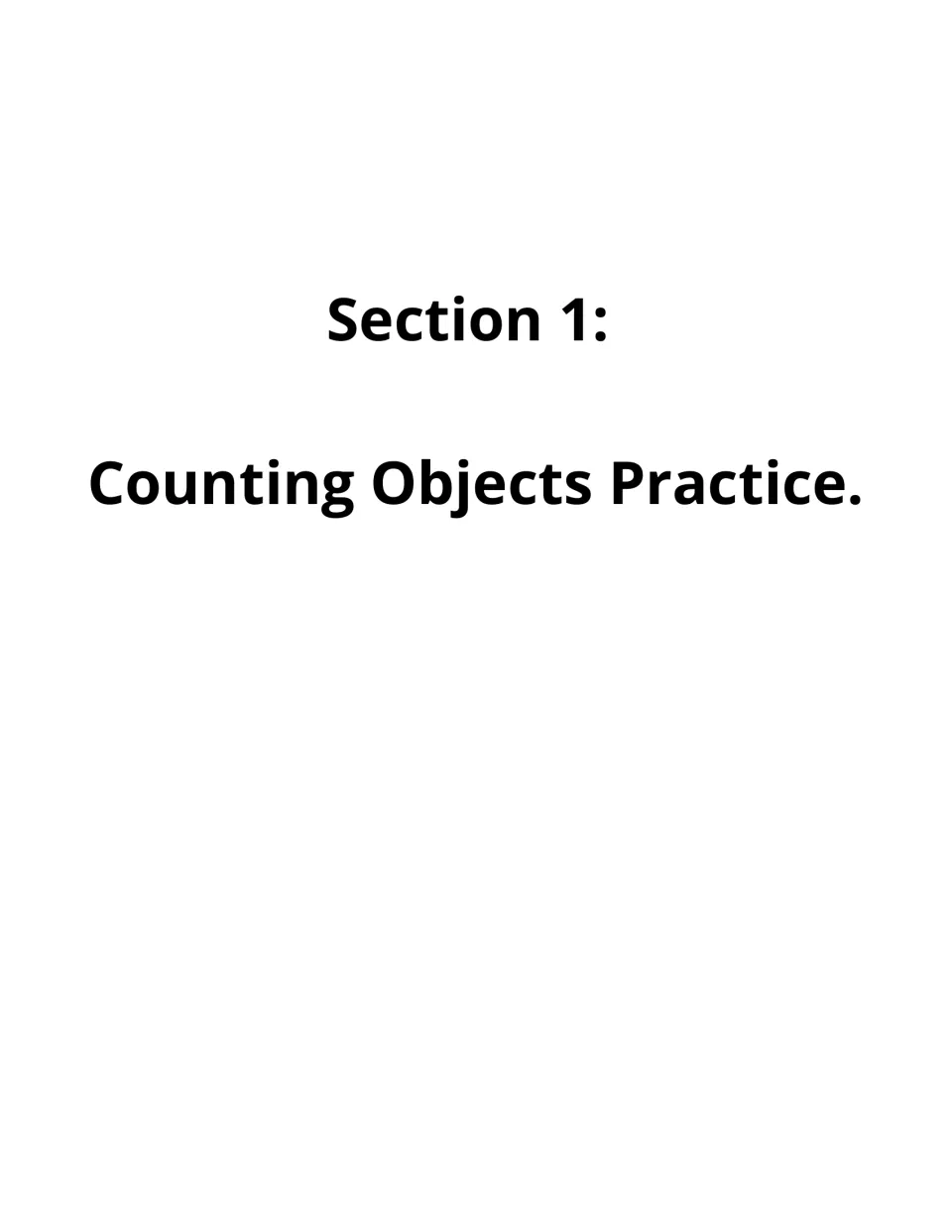 Section 1 divider titled Counting Objects Practice, opening the set of picture counting pages that follow