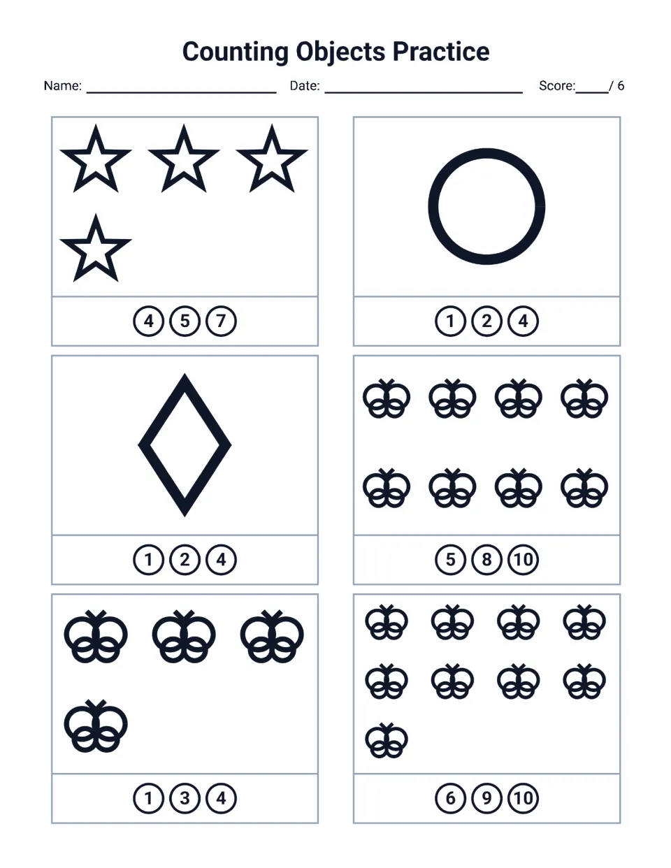 Counting objects practice: students count stars, shapes and butterflies in 6 sets and circle the matching number