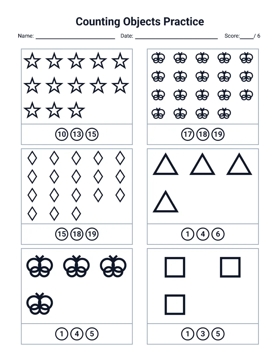 Counting to 19: students count stars, butterflies, diamonds, triangles and squares in 6 sets and circle the correct total