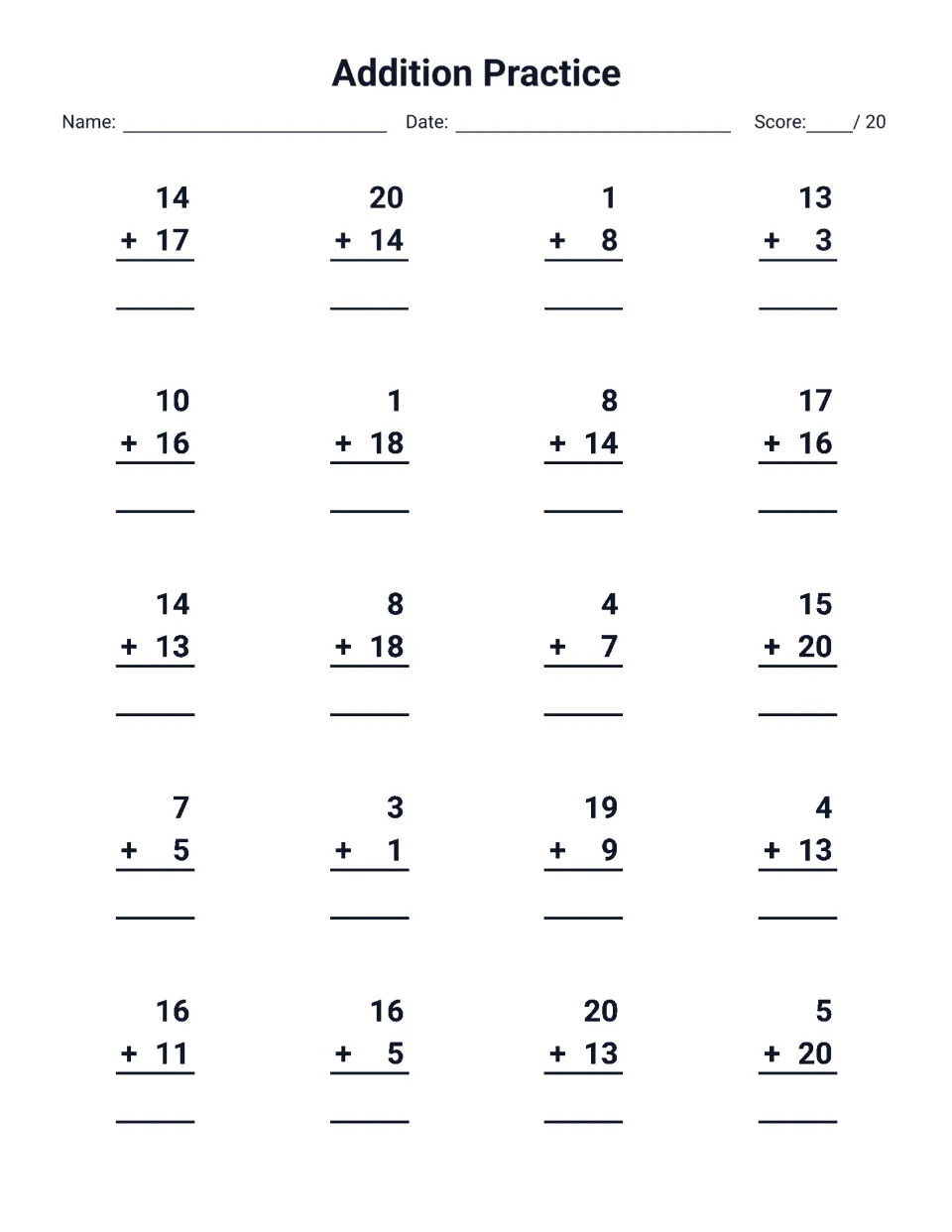 Addition practice: students solve 20 vertical sums with addends up to 20, such as 14 + 17 and 20 + 14