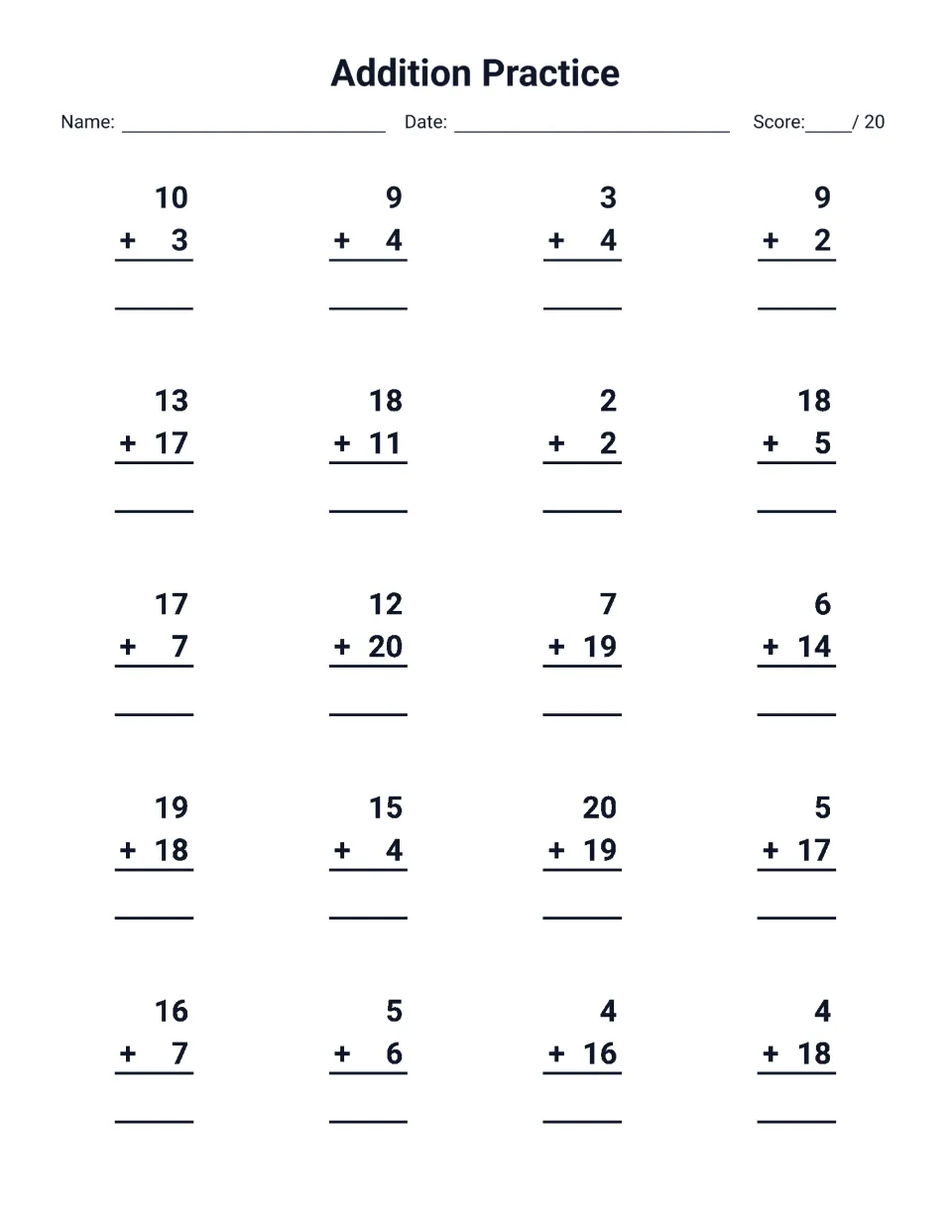 More addition facts: students solve 20 vertical problems including 10 + 3, 13 + 17 and 19 + 18