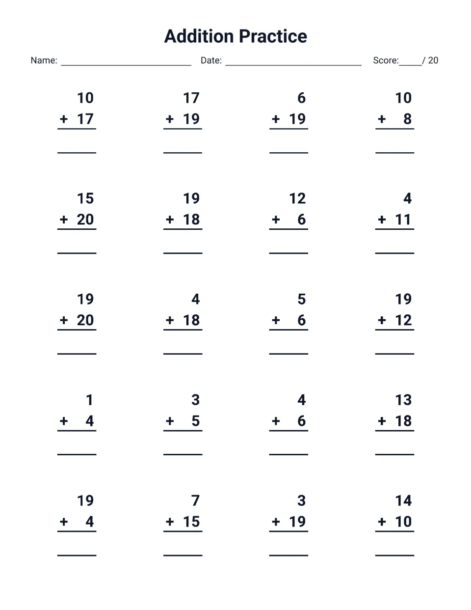 Addition with sums up to 39: students complete 20 vertical problems such as 10 + 17, 19 + 20 and 3 + 19