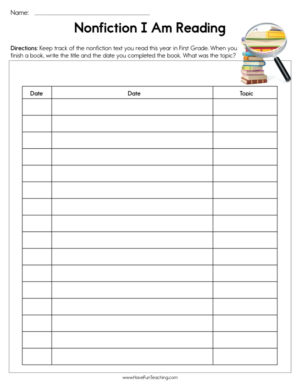Nonfiction reading log for first grade: record each book's title, completion date, and topic throughout the year.