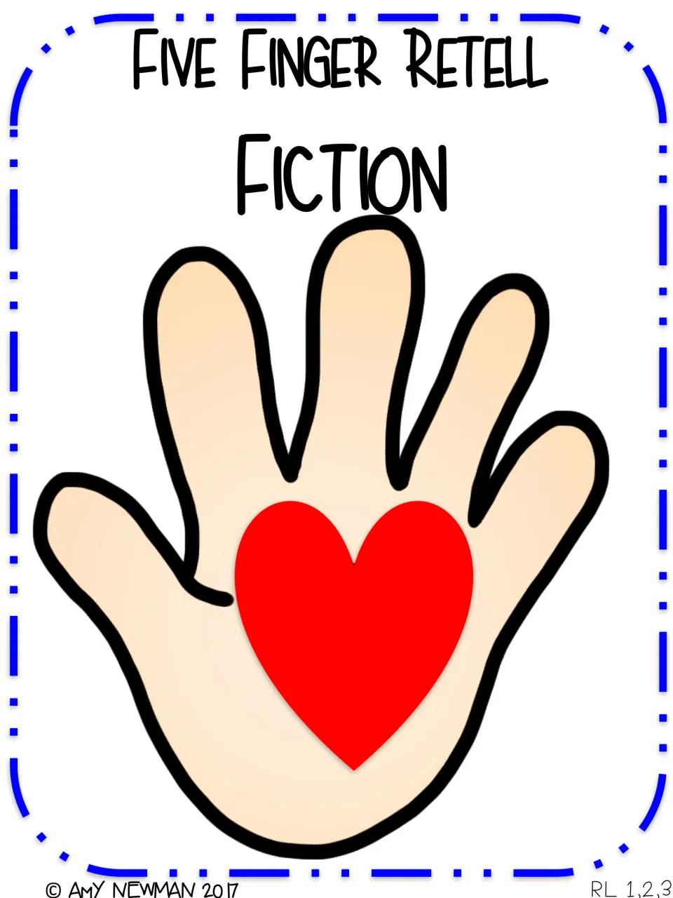 Five Finger Retell, fiction, unlabeled: students write a story element on each finger and the theme in the heart