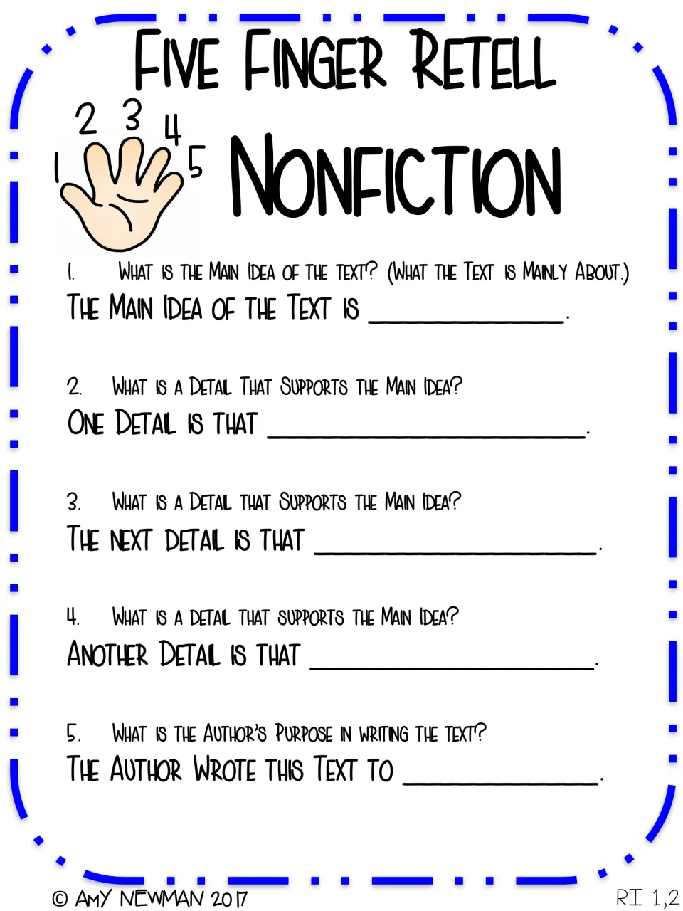 Nonfiction retell sentence frames: students write the main idea, three supporting details and the author's purpose