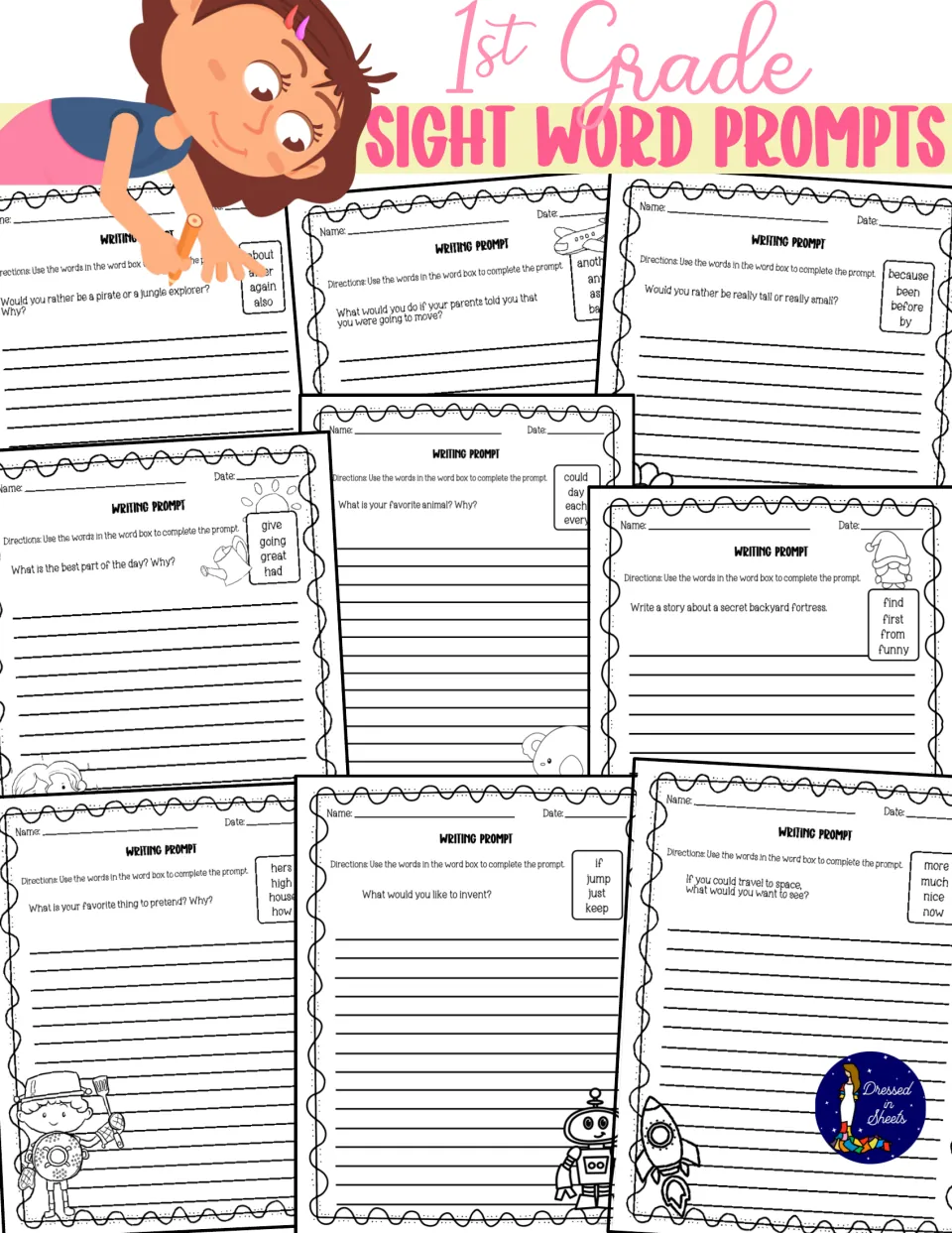 Cover of 1st Grade Sight Word Prompts showing nine writing prompt pages, each with a four-word sight word box