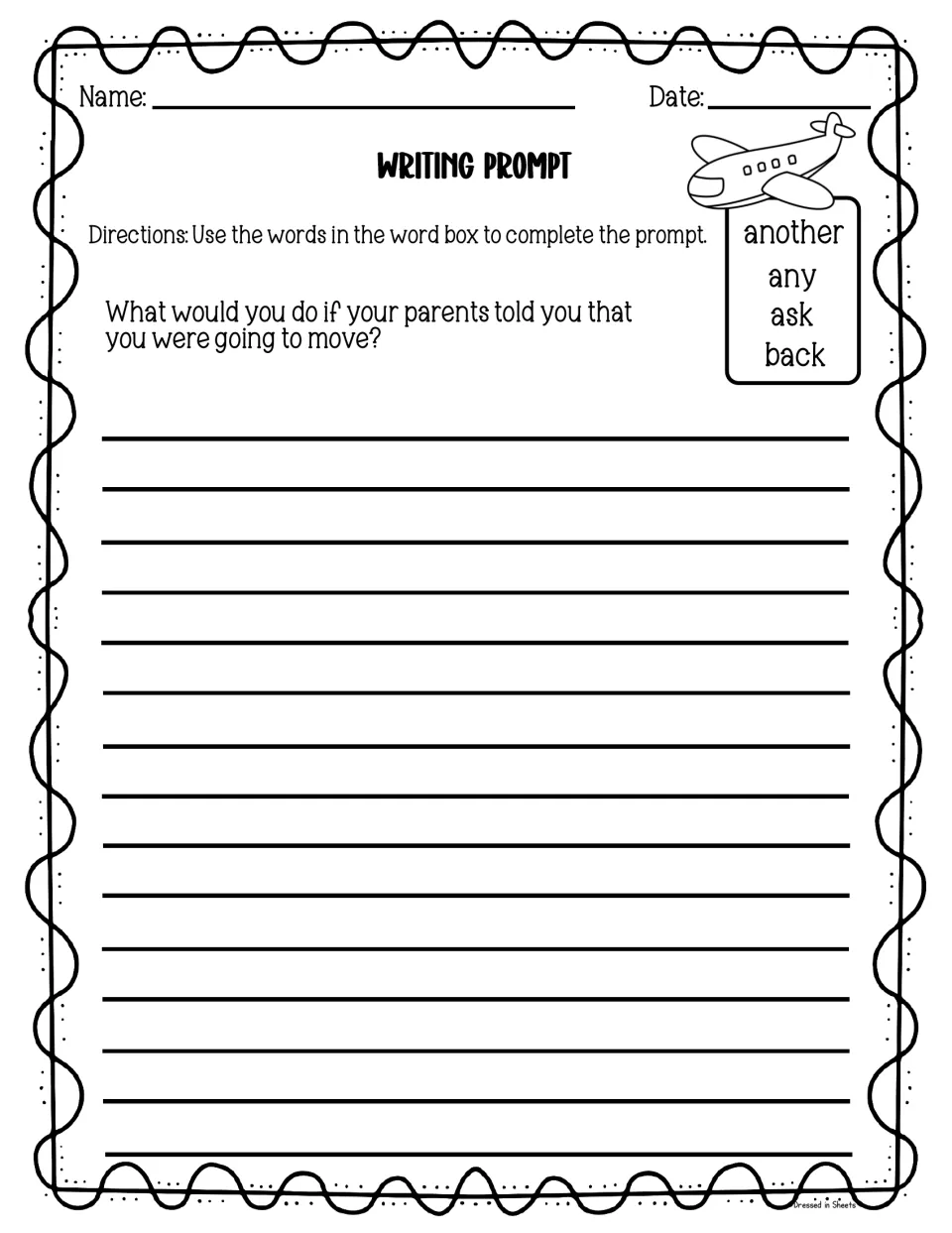 Writing prompt on what to do if parents said the family was moving; students use another, any, ask and back in replies