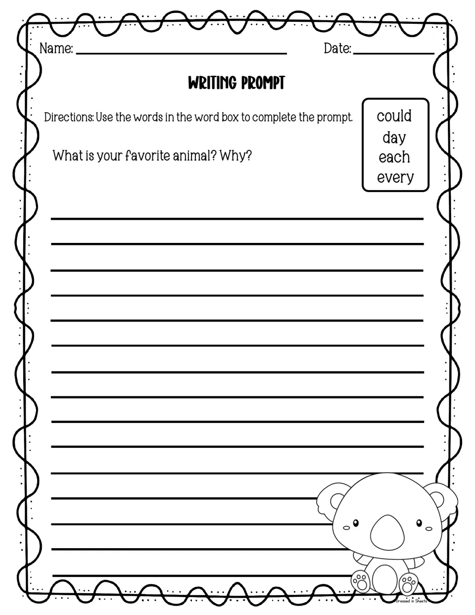 Favorite animal prompt: students name their favorite animal, explain why, and include could, day, each and every