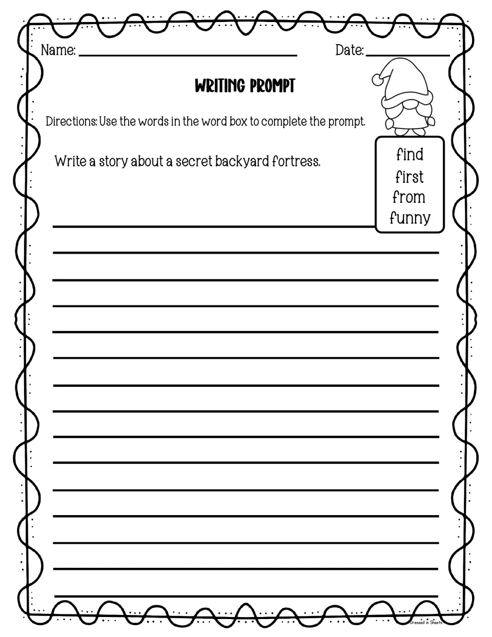 Story prompt about a secret backyard fortress: students write a narrative using the sight words find, first, from, funny