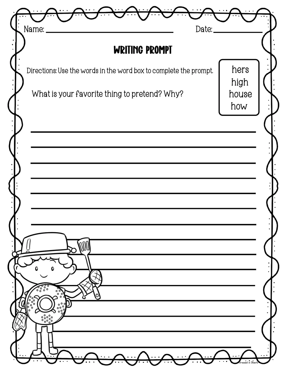 Pretend play prompt: students write about their favorite thing to pretend and why, using hers, high, house and how