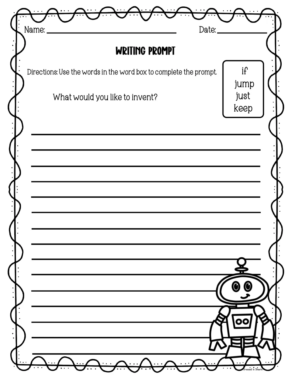Invention prompt: students describe what they would like to invent, working in the sight words if, jump, just and keep