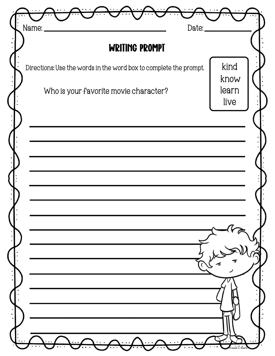 Movie character prompt: students write about their favorite movie character using the sight words kind, know, learn, live