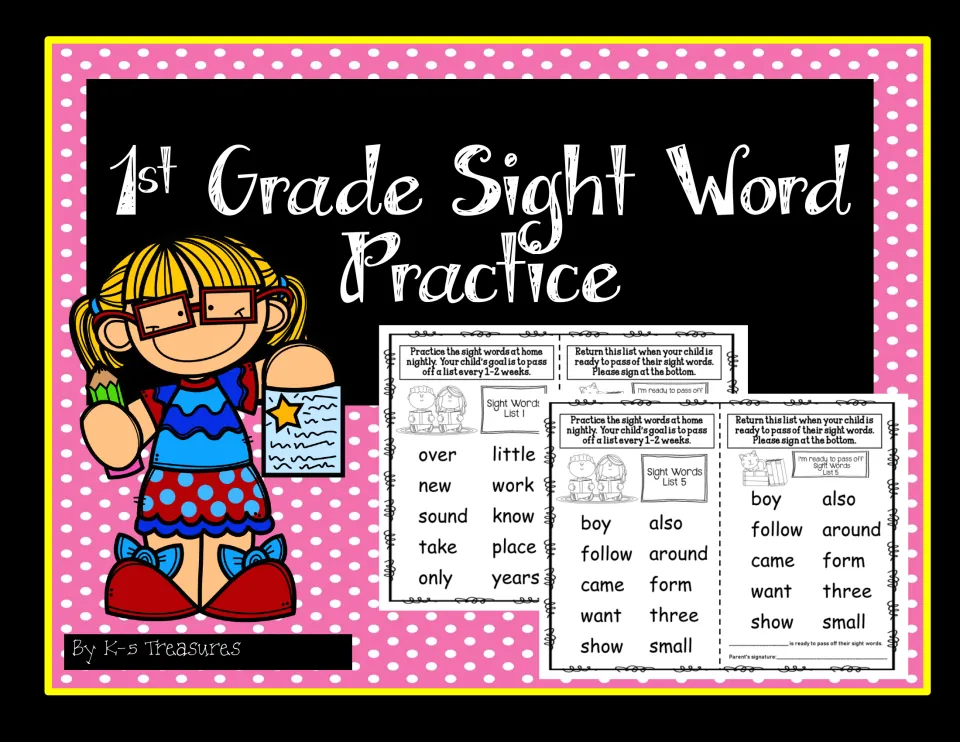 1st Grade Sight Word Practice cover by K-5 Treasures showing sample take-home sight word lists 1 and 5 beside a girl