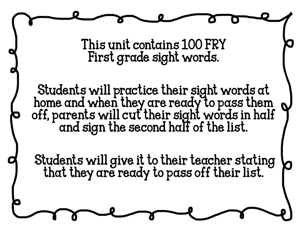 Unit overview: 100 Fry first grade sight words practiced at home; parents cut the list in half and sign the return half