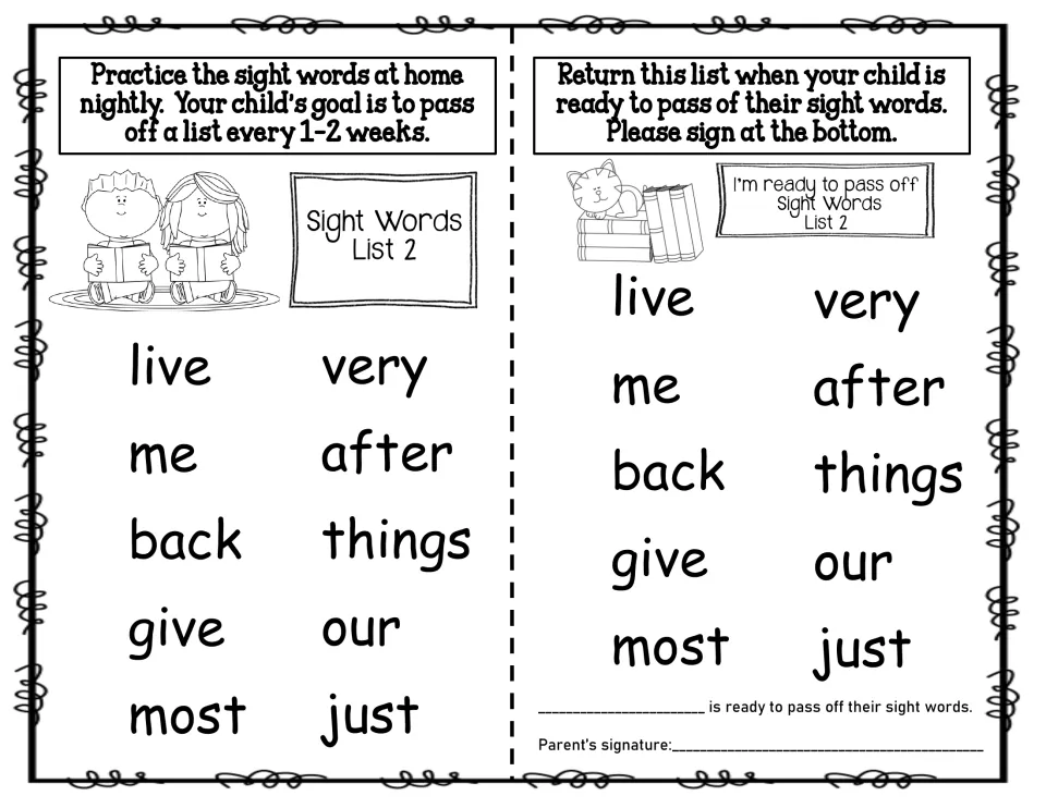 Sight Words List 2: students read live, me, back, give, most, very, after, things, our and just at home to pass off