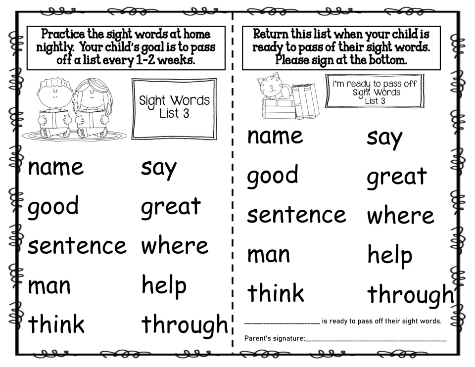 Sight Words List 3: nightly reading of name, good, sentence, man, think, say, great, where, help and through