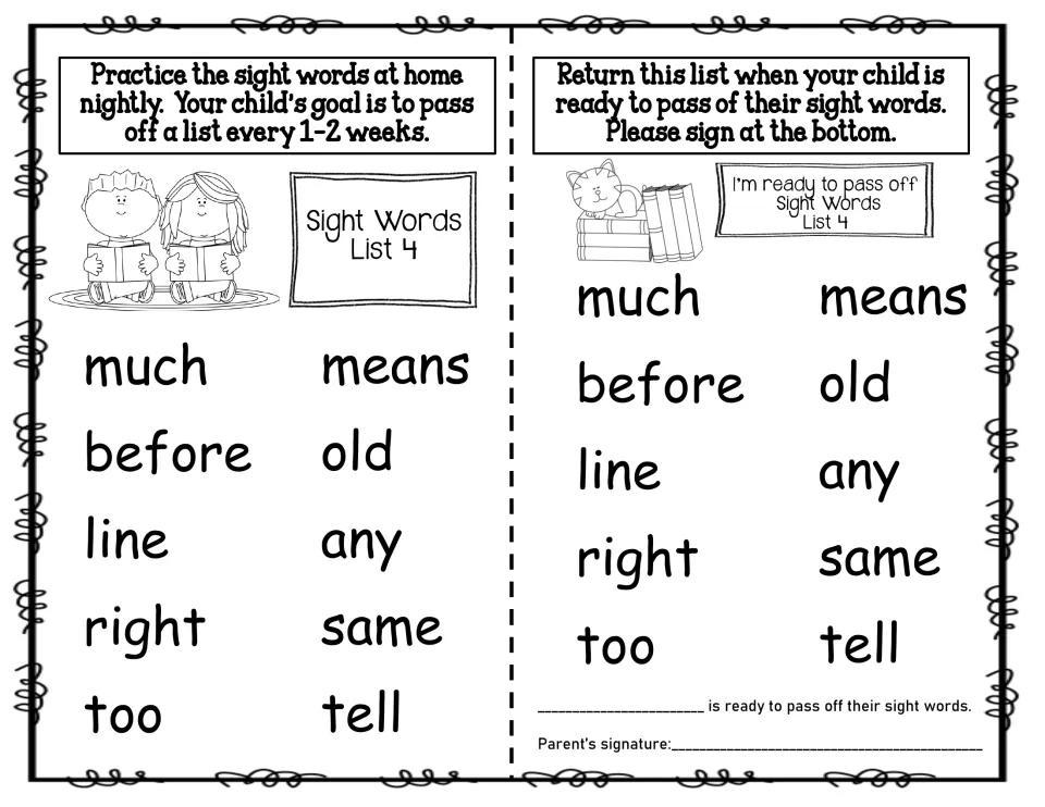 Sight Words List 4: students practise reading much, before, line, right, too, means, old, any, same and tell at home