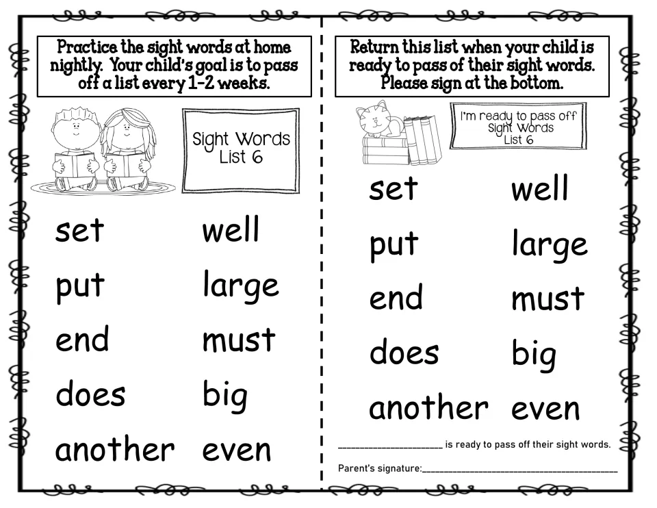 Sight Words List 6: students read set, put, end, does, another, well, large, must, big and even until ready to pass off