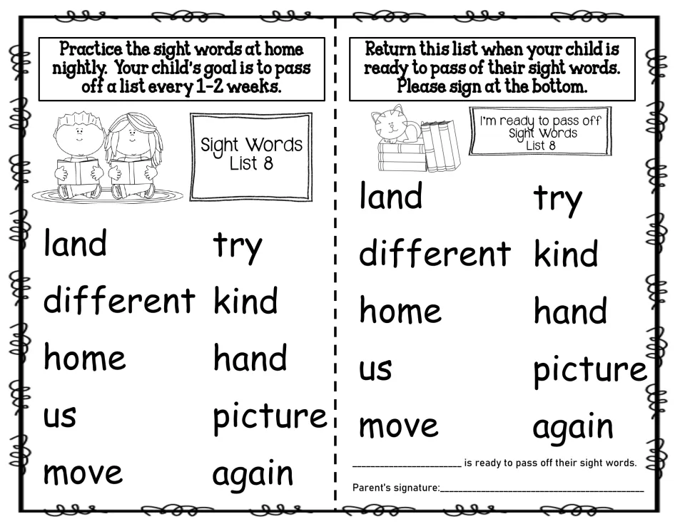 Sight Words List 8: home reading of land, different, home, us, move, try, kind, hand, picture and again