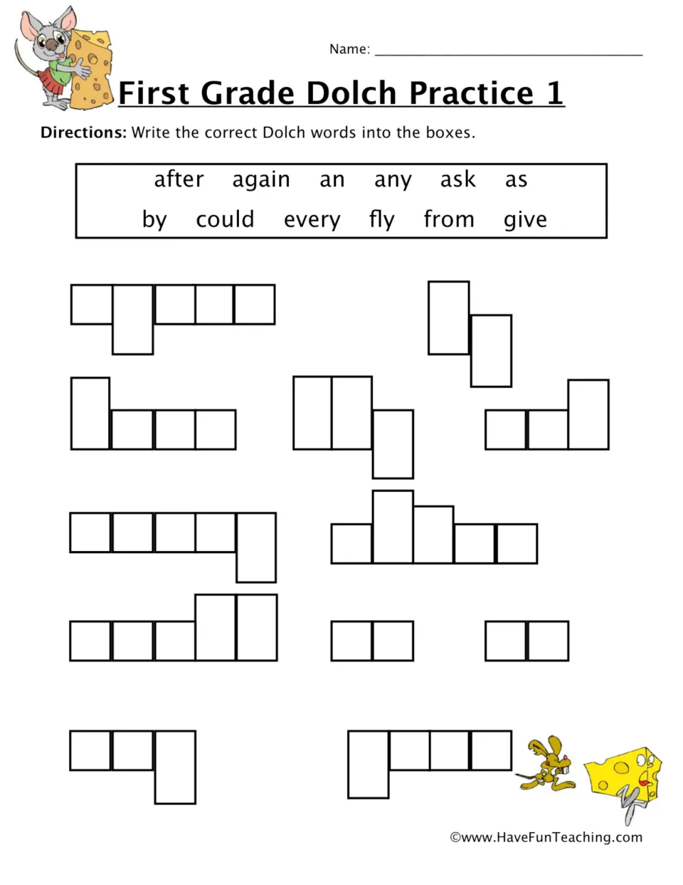 Dolch sight words after, again, an, any, ask, as, by, could, every, fly, from, give: students write each in its word shape