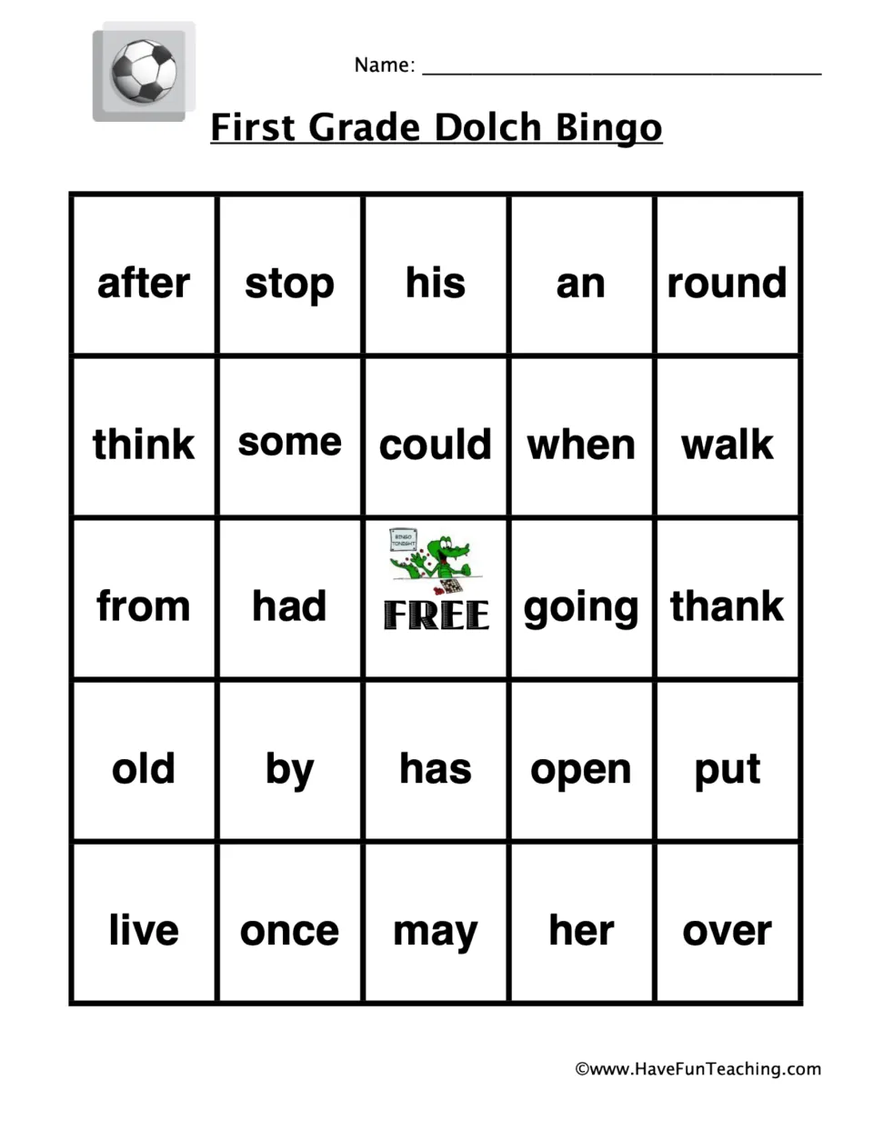 Bingo card 1 of 5 for first-grade sight words: after, stop, his, an, round and 19 more, plus a free space.